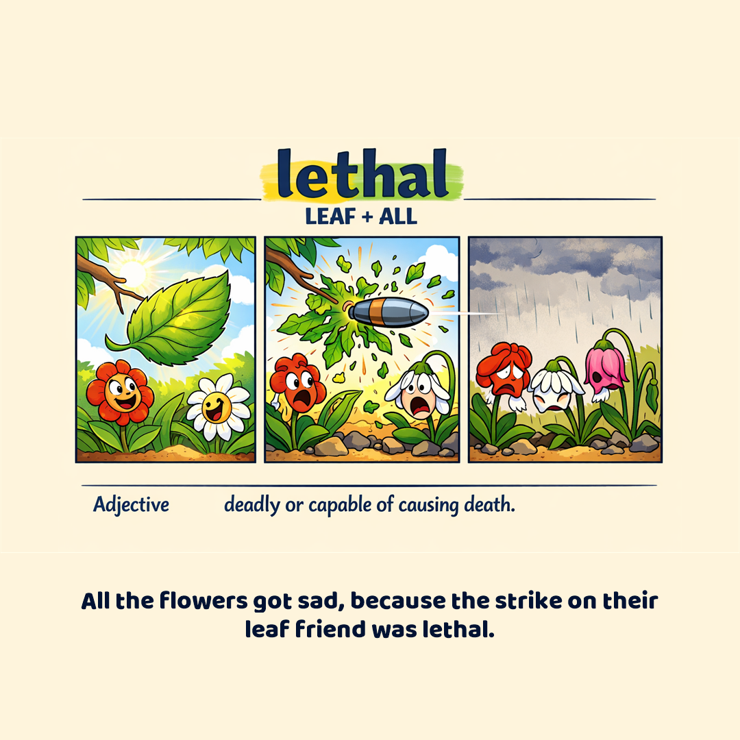 Word card for lethal: sound split LEAF + ALL, a three panel comic, and the meaning.